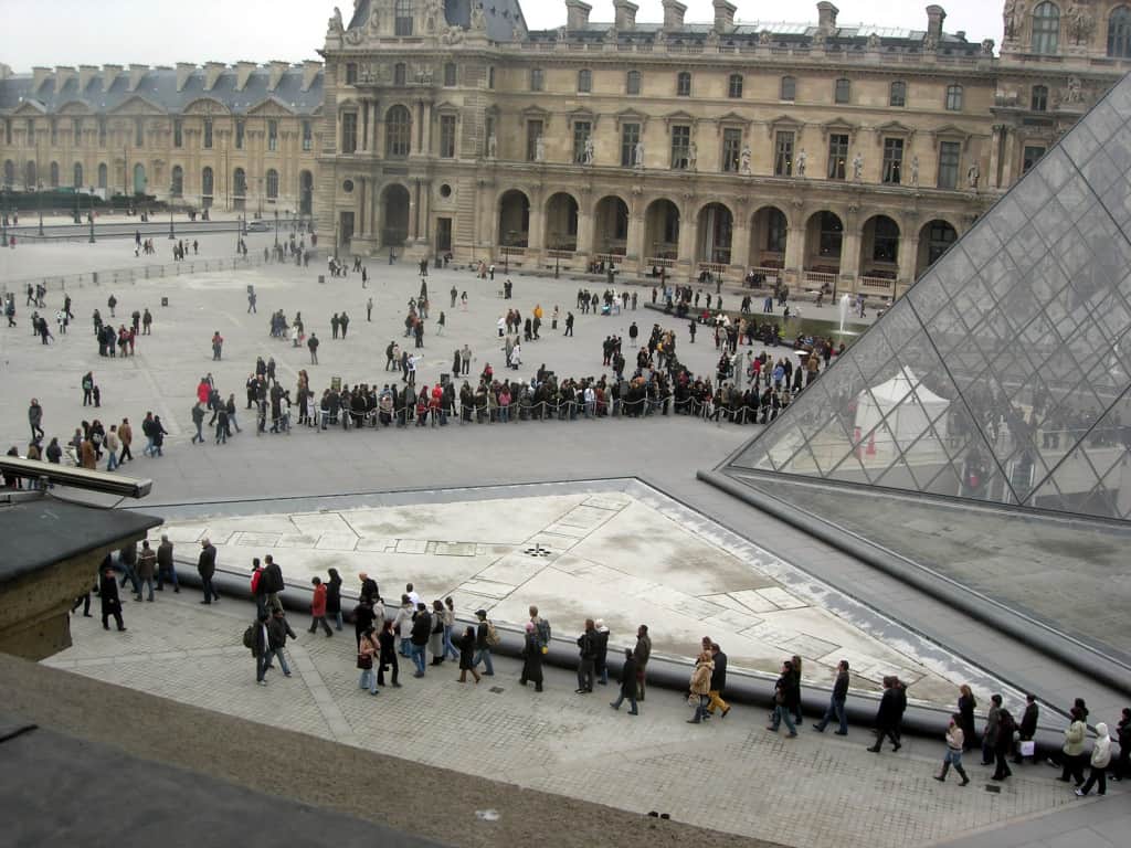 The long line outside the Louvre... better to find the secret underground entrance!