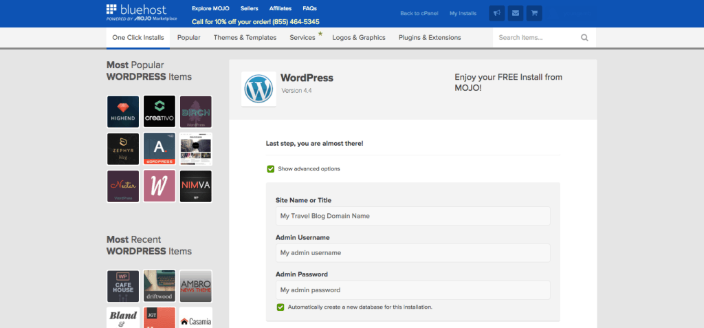 WordPress install settings